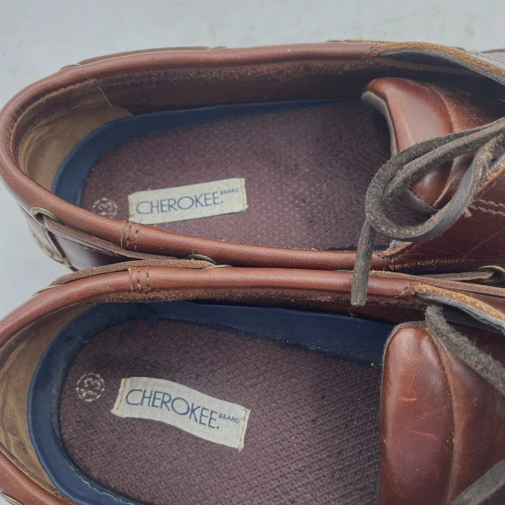 Cherokee Shoes Mens 13 Two Eye Moc Toe Boat‎ Brown Leather Lace Up Flats Casual